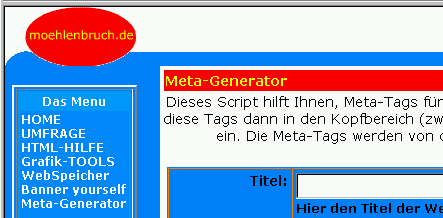 Ausschnitt der Webseite zum Meta-Generator auf moehlenbruch Network am 19.11.1999. 