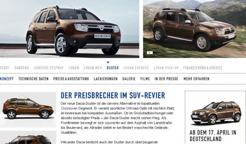 Ausschnitt aus der Homepage zum Dacia Duster. 