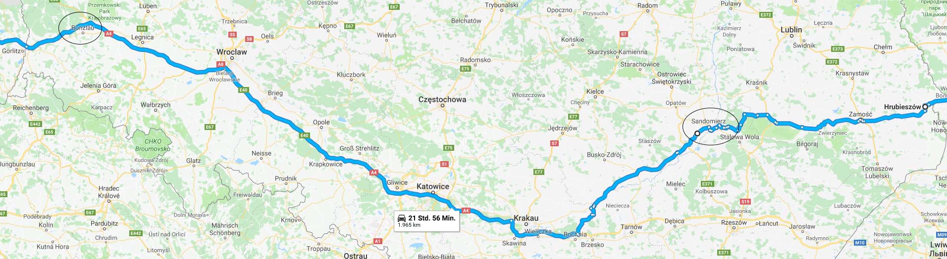 Streckenverlauf der Rückreise in Polen. 